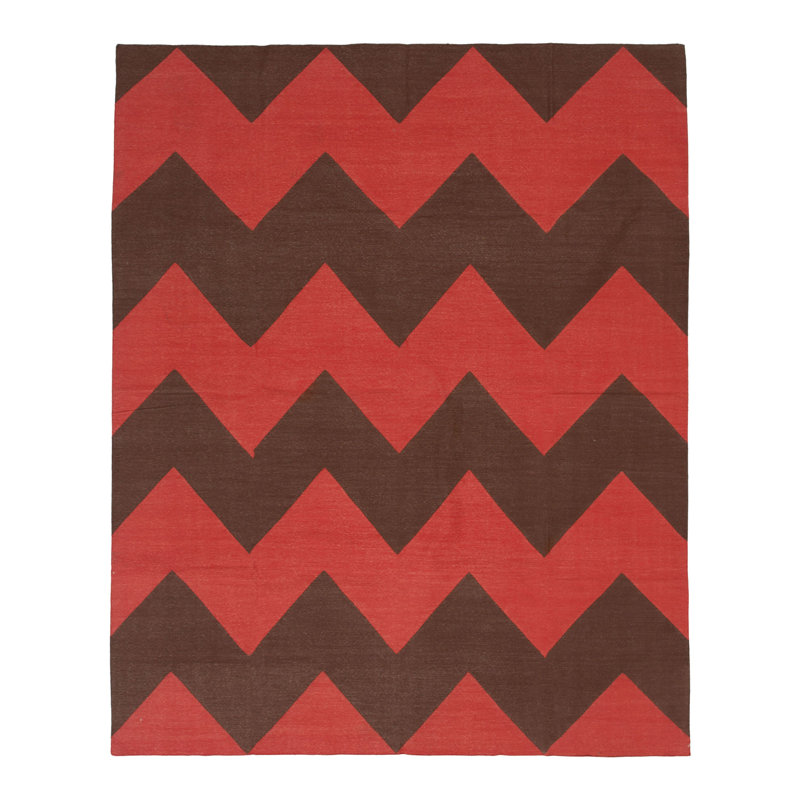 Red & Brown Chevron Dhurrie Cotton Rug - 10' x 14'6"", Rectangle 7'10" x 9'10"