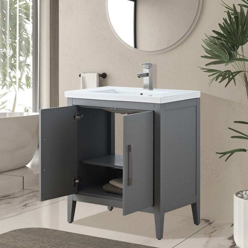 Meuble-lavabo simple 30 po avec comptoir en céramique Chambery, Gris cachemire, Nickel brossé, H 34 po x l 30 po x P 18,5 po