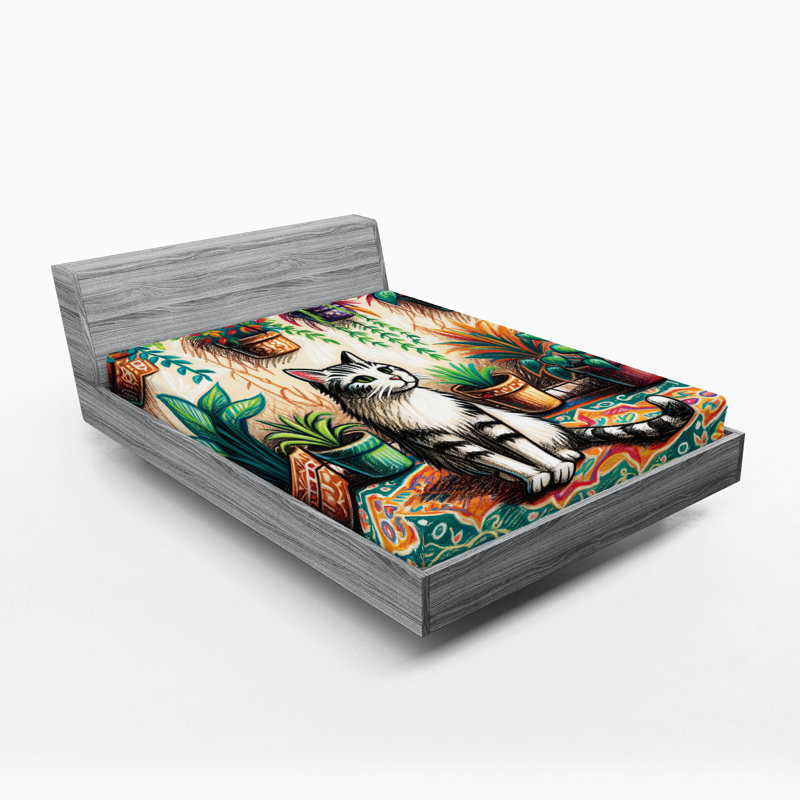 Drap-housse pour chat Ambesonne_ Peinture Boho Scène douillette_Jade vert gris orange, Très grand californien