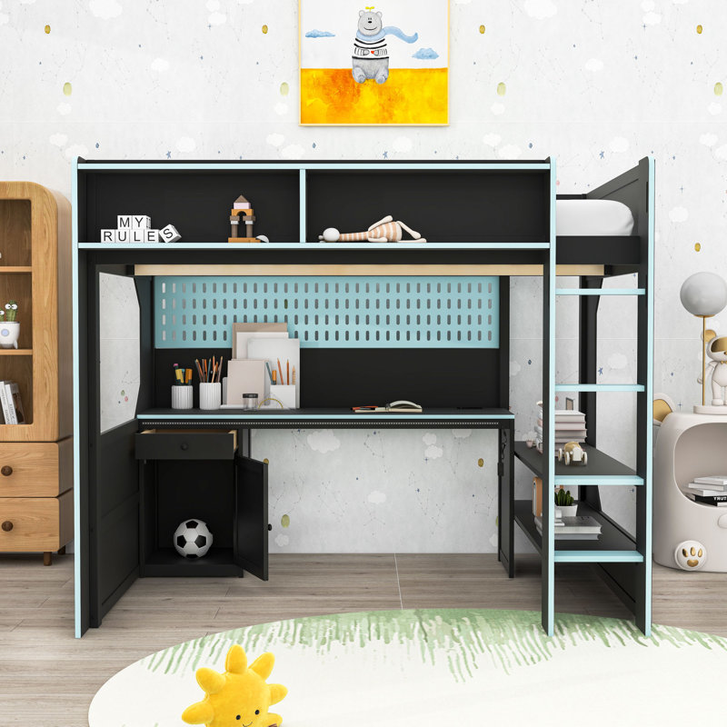 1 Drawer Gaming Loft Bed with LED Desk & Charging station, Storage Ladder, Pegboard and Guardrails, Black Blue, Full