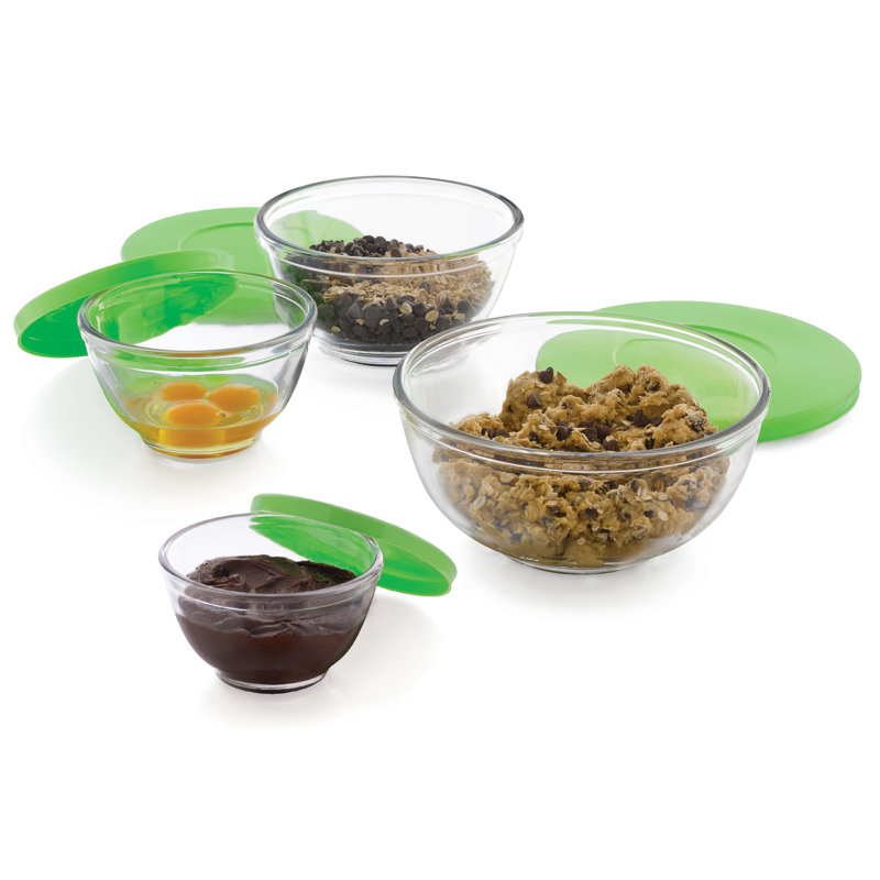 Libbey 4-Piece Clear Glass Mixing Bowl Set with Green Lids