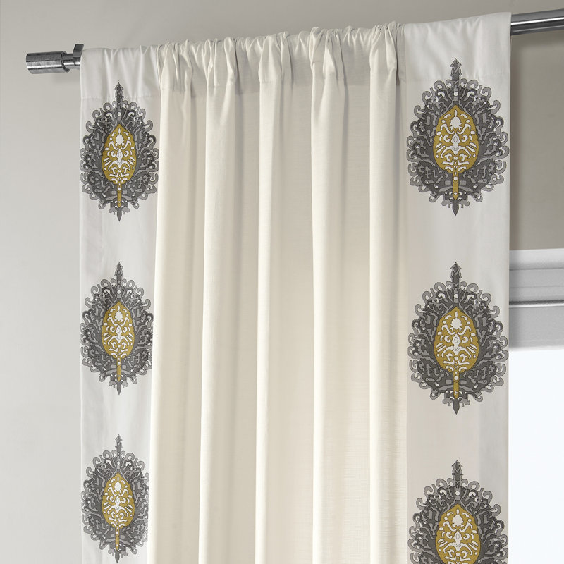 Gilded Medallion Solid Cotton Light Filtering Bordered  Curtains - Single Panel, 50" W x 108" L
