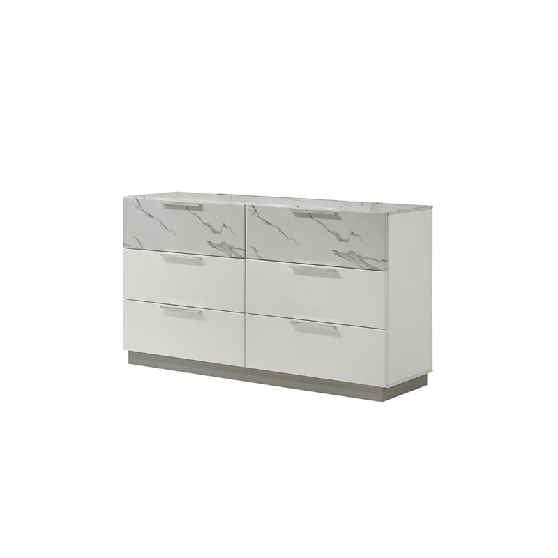 Commode blanche brume - Finition bicolore très brillante en marbre et laque avec six tiroirs spacieux