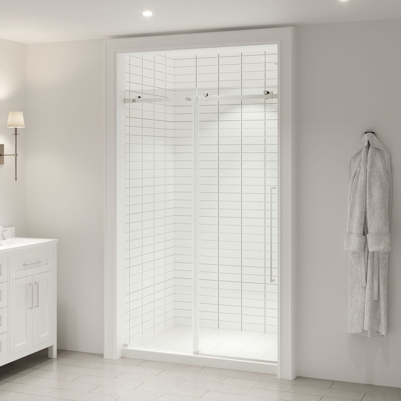Ove Decors Selby 48 In. W X 74 In. H Frameless Sliding Clear Straight Alcove Shower Door, Satin Nickel