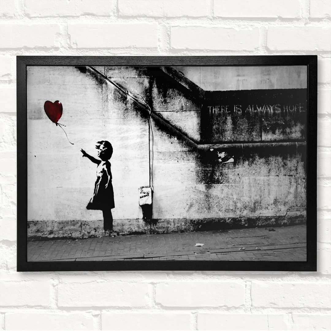 Red Heart Balloon Girl - Closed Corner Frame Kunstdrucke auf Holz