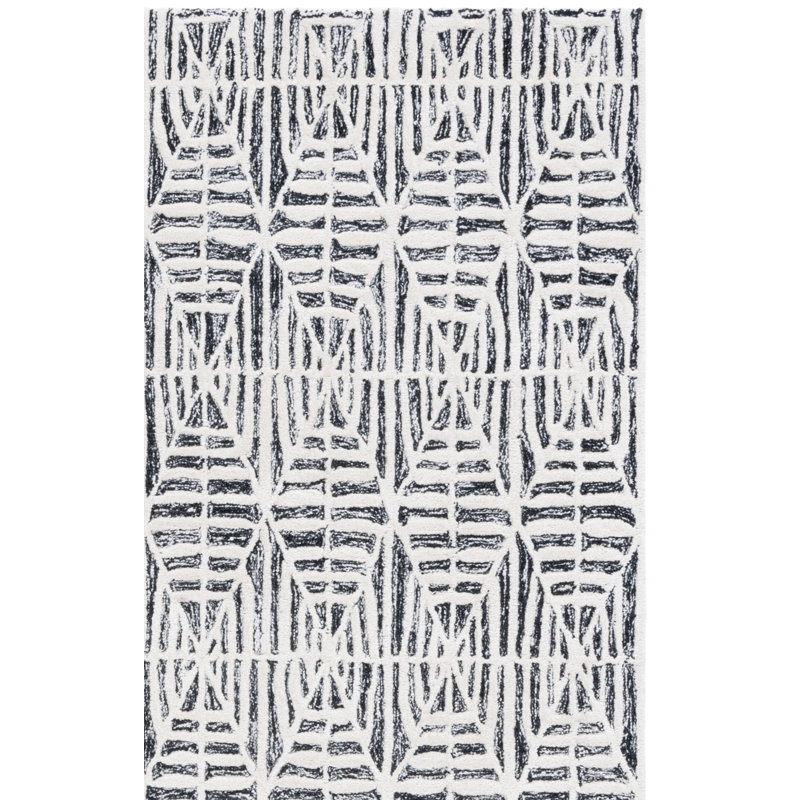 Tapis noir / ivoire en coton et viscose en laine et coton touffeté à la main Jimya, Carré 6 pi