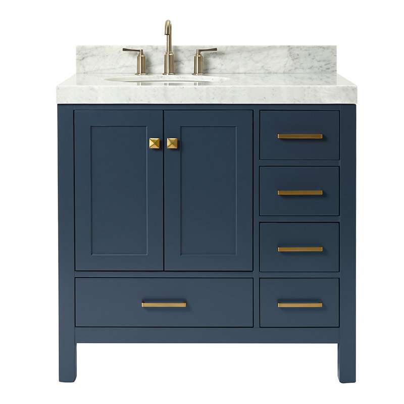 Ariel Cambridge 36 In. Right Offset Vanity With 2 In. Carrara Marble Countertop, Midnight Blue