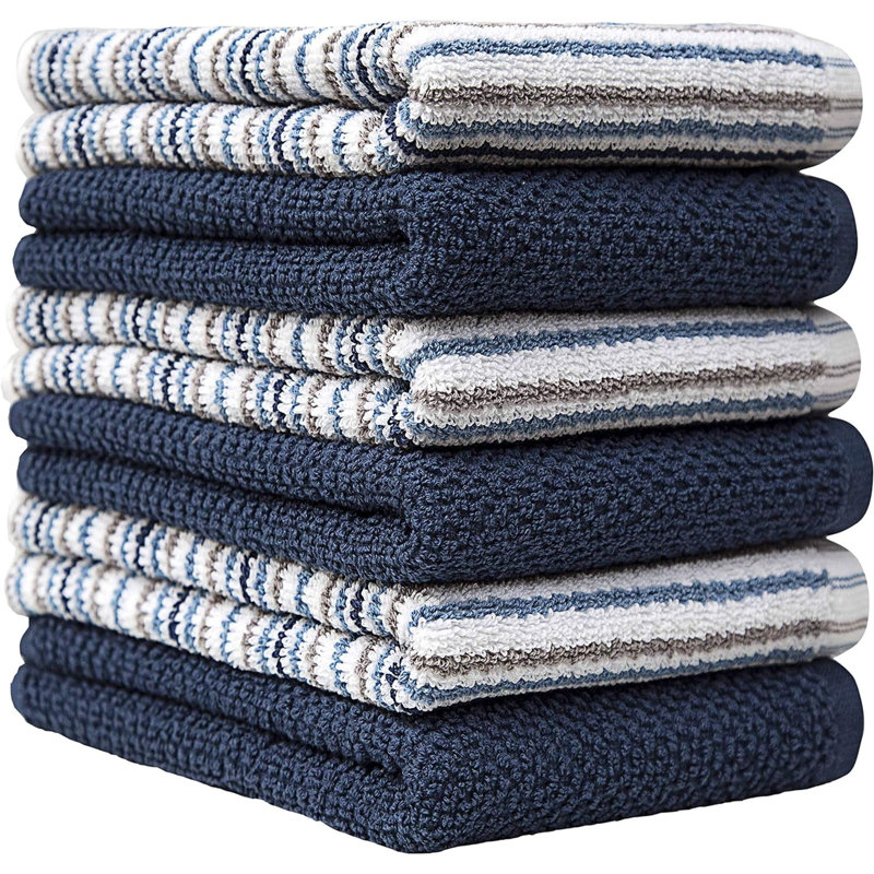 Premium Kitchen Towels (16”X 26”, 6 Pack) | Large Cotton Kitchen Hand Towels | Popcorn Striped Design | Dish Towels | 430 GSM Highly Absorbent Tea Towels Set With Hanging Loop