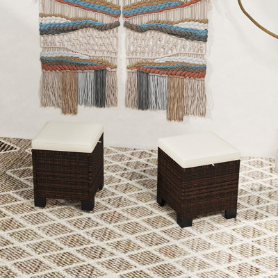 Wicker Outdoor Ottoman Set of 2, Outdoor Footstools for Patio with Removable Cushions, 3-in-1 PE Rattan Ottoman Seat, Footrest and Side Table for Backyard, Poolside