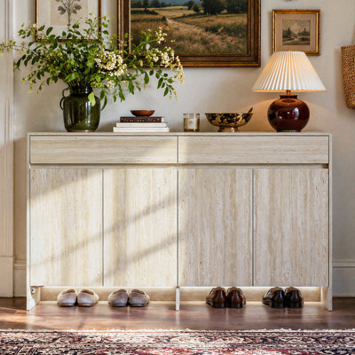 Meuble à chaussures de 160 cm de large avec 4 portes, 2 tiroirs et éclairage à détecteur de mouvement, beige