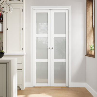36" x 96" 3-Lites Frosted Glass And Solid Core Pivot-French Or Bi-Fold Door With Installation Hardware Kit(Ideal for Closet,Pantry,Laundry,Bathroom)