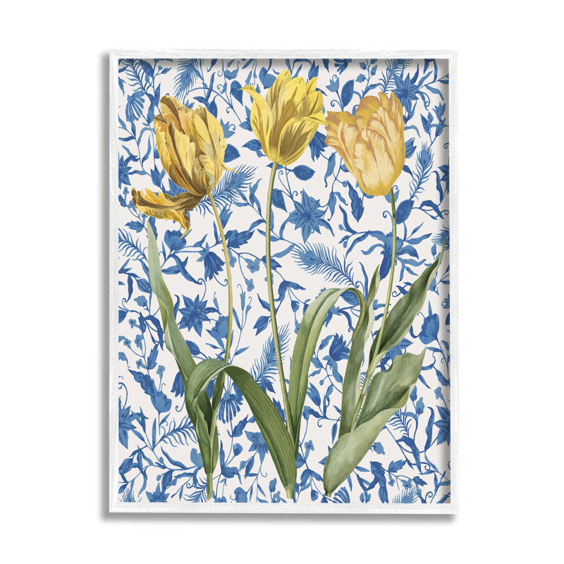 Bb-306-Framed " Three Tulips On Toile " by Lil' Rue, Coastal White Framed Giclee, 30" H x 24" W x 1.5" D