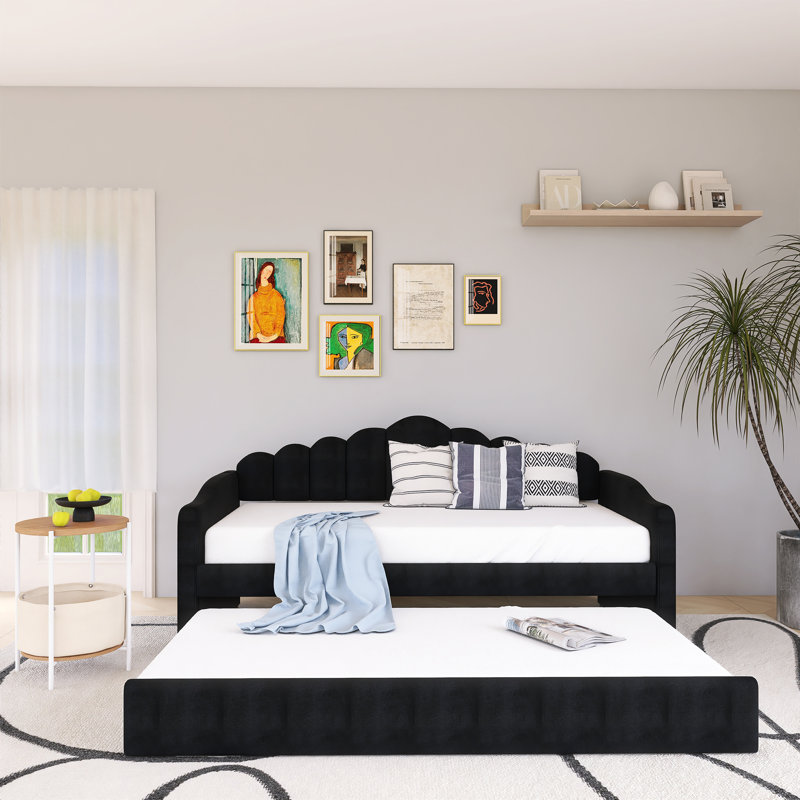 Twin Size Upholstered Daybed With Trundle ,Velvet Sofabed With USB Charging Ports, Black