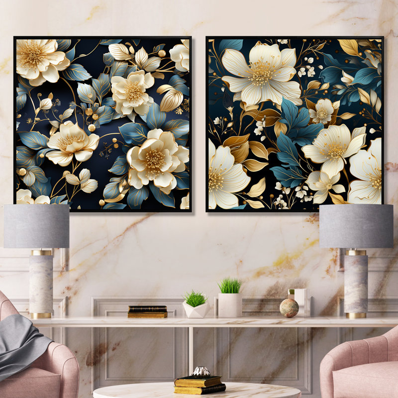Jans - ensemble de 2 décorations murales florales, Cadre noir, H 16 po x l 33 po x P 1 po