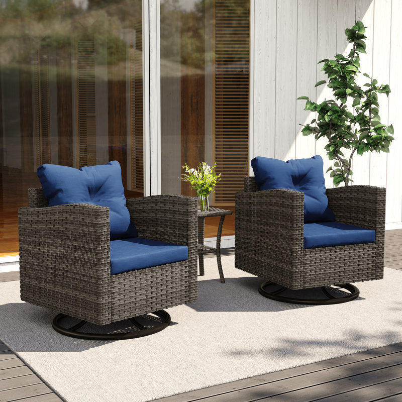 3 Piece Rattan Seating Outdoor Conversation Group with Cushions and Swivel Chairs, Blue