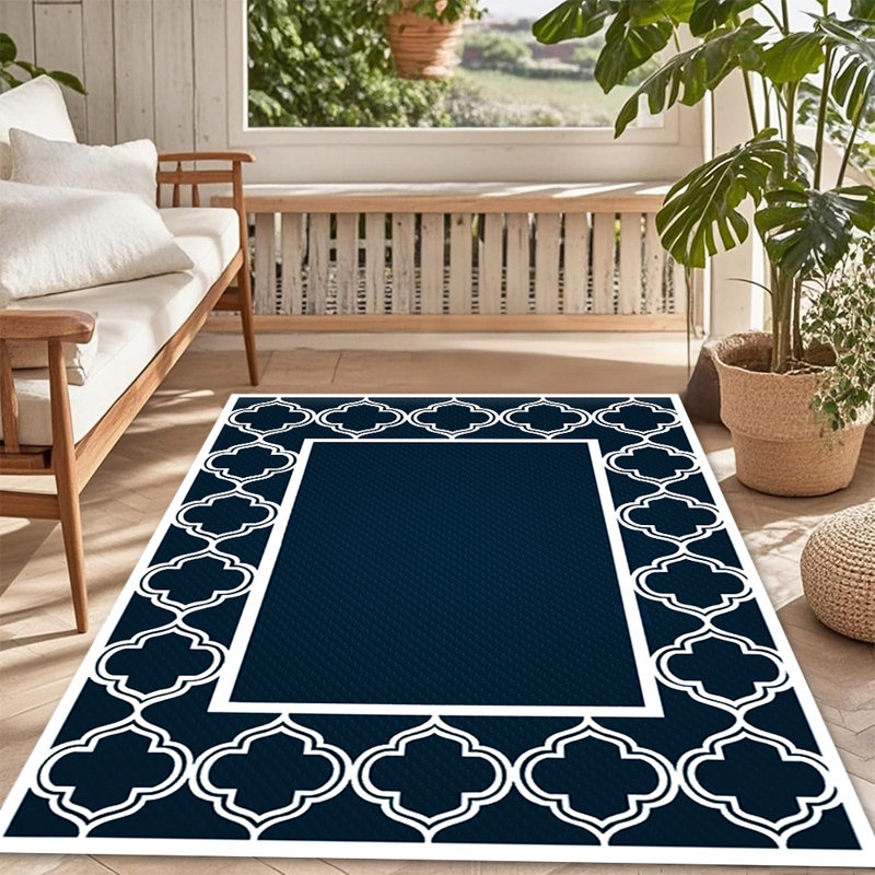 Outdoor Rug, Blue and White Foldable and Reversible Plastic Straw Rug for Camper, Deck, Porch, Picnic, Beach, Balcony