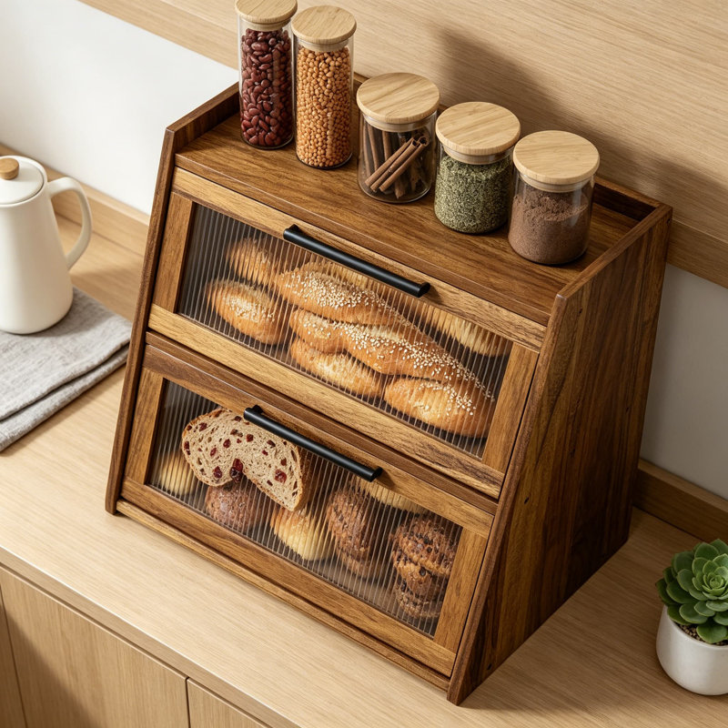 Boîte à pain en bois à double couche pour comptoir de cuisine, contenant à pain en bois avec fenêtre cannelée en acrylique et poignées en bronze, support à pain de comptoir pour rangement de cuisine organisé