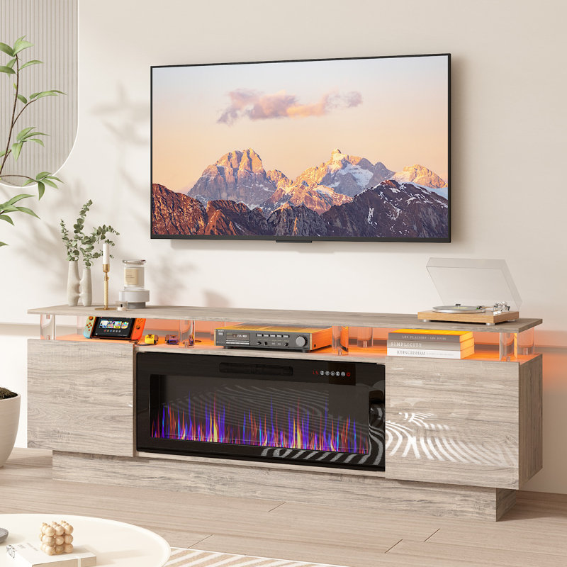 2 Tier High 70" Gloss Tv Stand With Electric Fireplace, Gray/Black