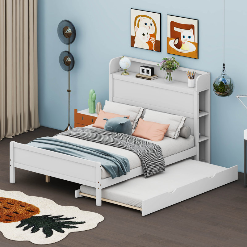 Wescott Platform Bed with Storage Headboard and a Big Drawer,Storage Bed,Bed Frame,Beds, White