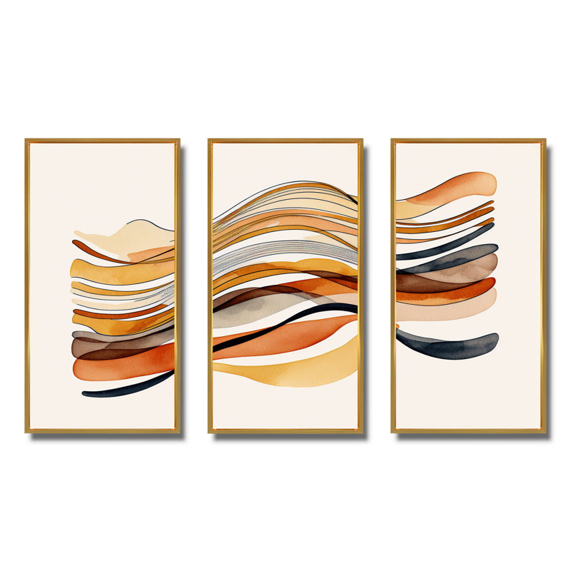 «Donnabel Burnt Orange Waves Abstract I», reproduction sur toile 3 pièces, H 28 po x l 36 po x P 1 po, Encadrement doré