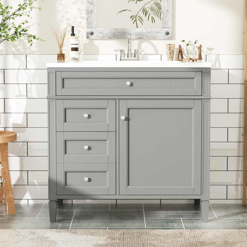 Meuble-lavabo moderne 36 po avec lavabo supérieur, armoire de rangement avec 2 tiroirs et un tiroir basculant