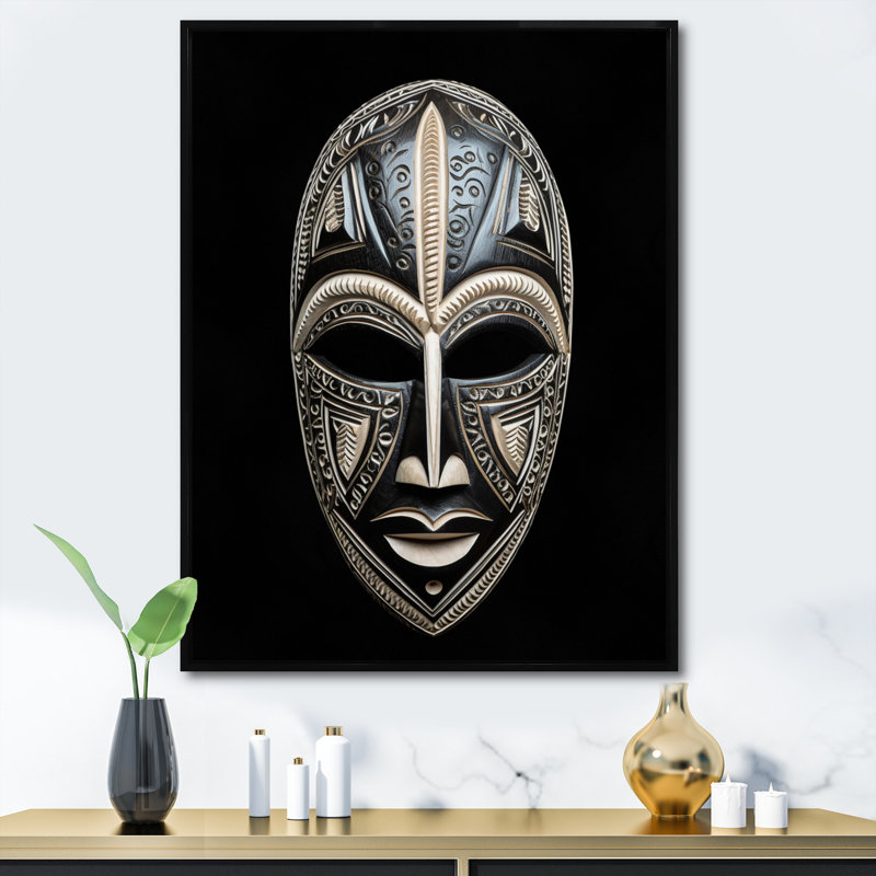 Ethnical Traditional African Mask XVI - African Tribal Canvas Wall Art, 20" H x 12" W x 1" D, Black Floater Framed