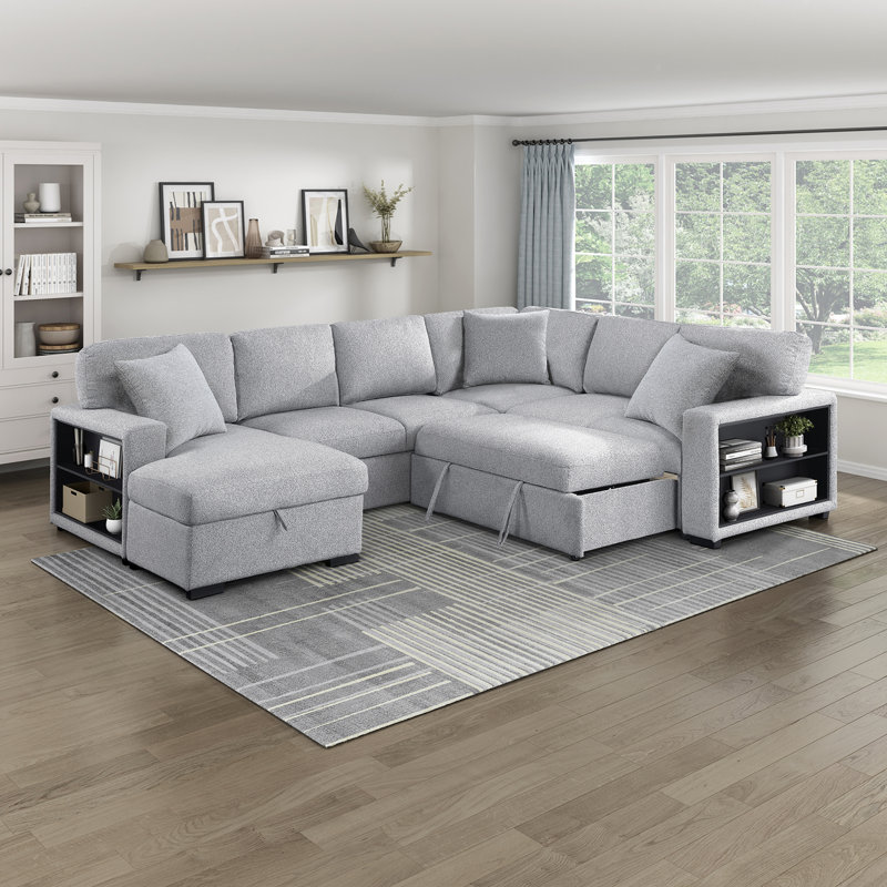 Meserve 121" Contemporary Square Arm Boucle Sectional with Pull-Out Bed, Left Hand Facing, Gray Fabric