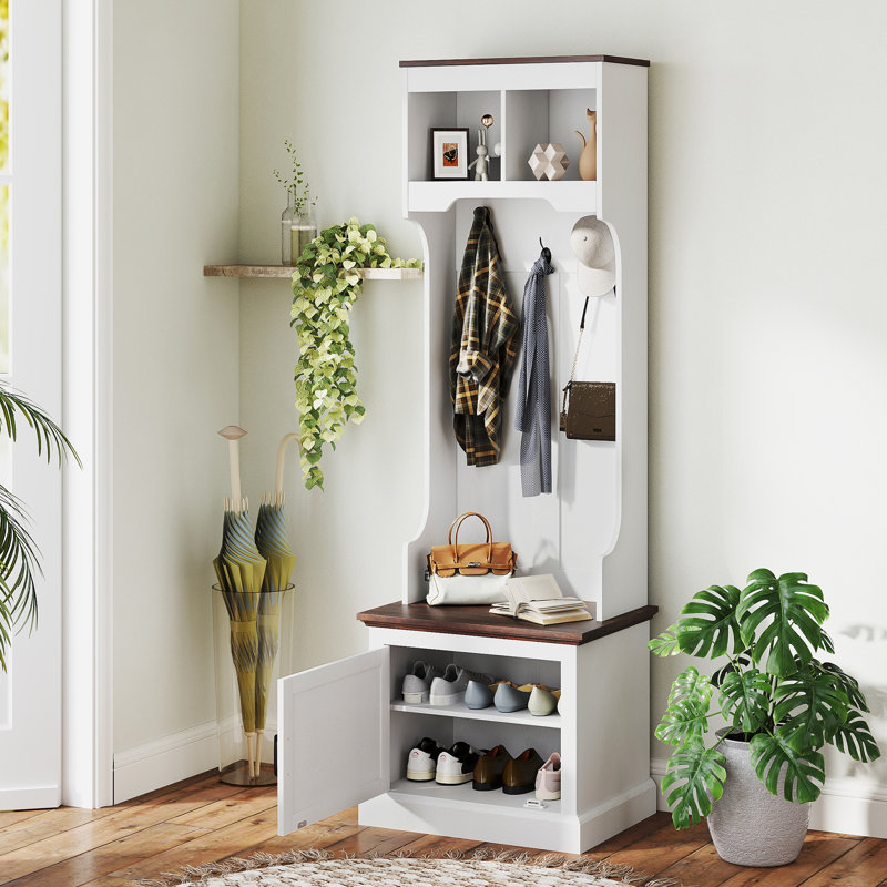 Arbre d'entrée 3 en 1 avec rangement pour chaussures, portemanteau avec banc, meuble d'entrée avec cinq crochets, grain de bois blanc