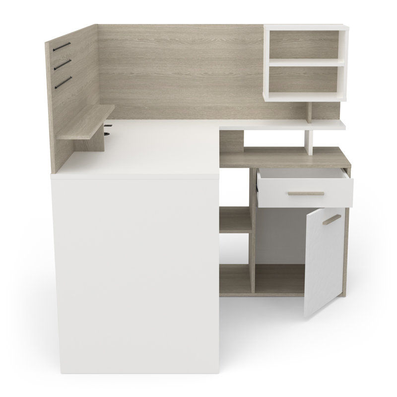 Senovio 122Cm L-Shaped Writing Desk With Storage, White/Light Oak