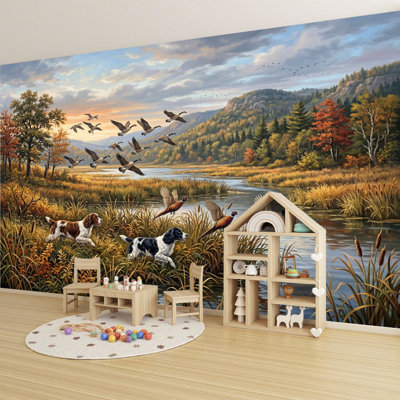 Peel and Stick papier peint d'automne, scène de la faune, chiens de chasse, oies, faisans, paysages, marais, peintures murales, papier peint amovible en PVC, H 100 po x l 144 po, pour salon, chambre, bureau à domicile