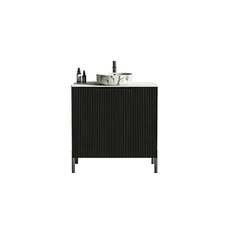 Grand meuble-lavabo de rangement autoportant moderne à rayures Merivora avec lavabo en céramique, charnières à fermeture en douceur (sans bonde et robinet inclus)