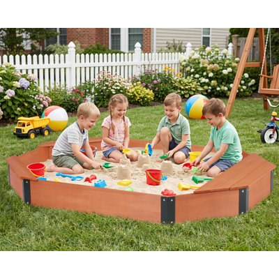 Kids Wooden Octagon Sandbox with Cover & Bottom Liner, Large Outdoor Sand Box with Built-In Benches for Backyard