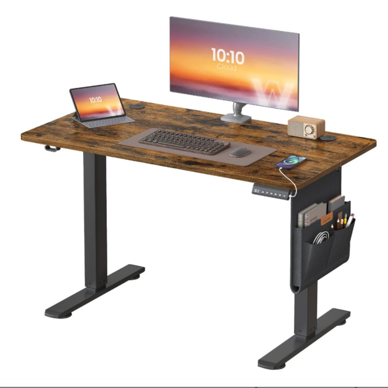 Adjustable Metal Base Standing Desk, Brown/Black, 180cm W x 80cm D 