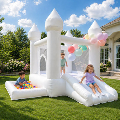9′ × 9′ White Bounce House with Slide and Air Blower – Durable Oxford Fabric Kids Party Bouncer for Indoor & Outdoor