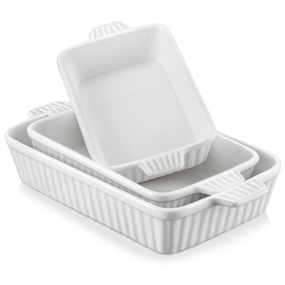 3-Piece Set Of White Ceramic Baking Pans, Suitable For Ovens, Clay Pans, Ceramic Rectangular Baking Pans, And Wide Noodle Plates