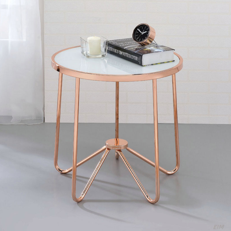 White Frosted Glass Top Round Table In Rose Gold Finish