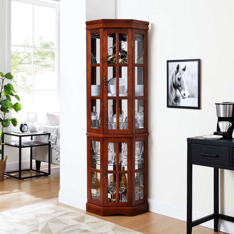 Walnut Finish Corner Curio Cabinet With 5 Shelves And Engaging Lighting 5-shelf System In, Walnut