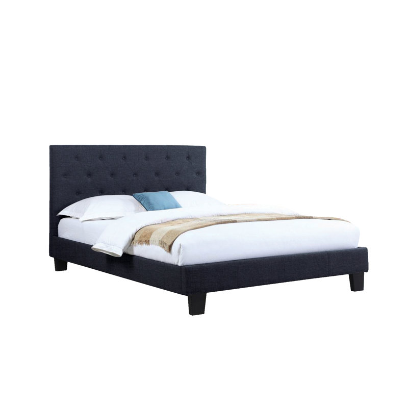 Lit plateforme tapissier avec tête de lit capitonnée, aucun sommier requis, moderne, bleu, double, Double, Bleu