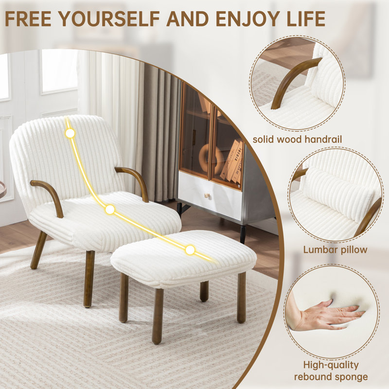 Modern Corduroy Lounge Chair, Accent Chair With Footstool And Solid Wood Legs, White Faux Rabbit Fur