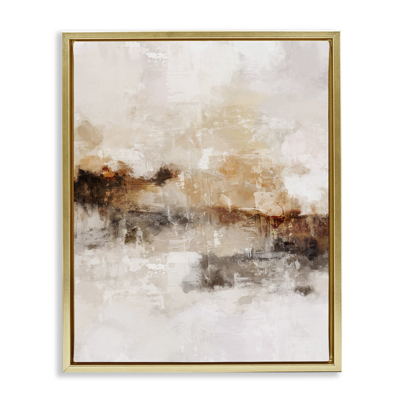 Beige et brun abstrait, H 25 po x l 31 po, Cadre flottant noir de jais