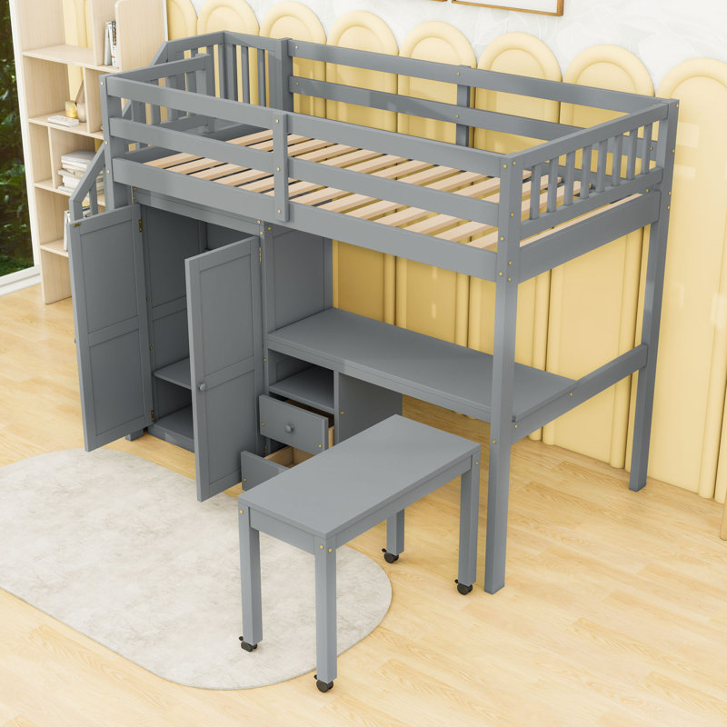 Wooden Loft Bed With Built-In-Desk And Stairs, Gray, Twin