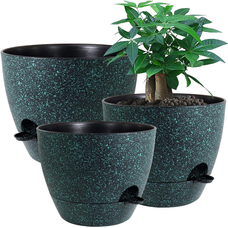 Jardinières en plastique 12/10/9 pouces, Noir avec des mouchetures vertes