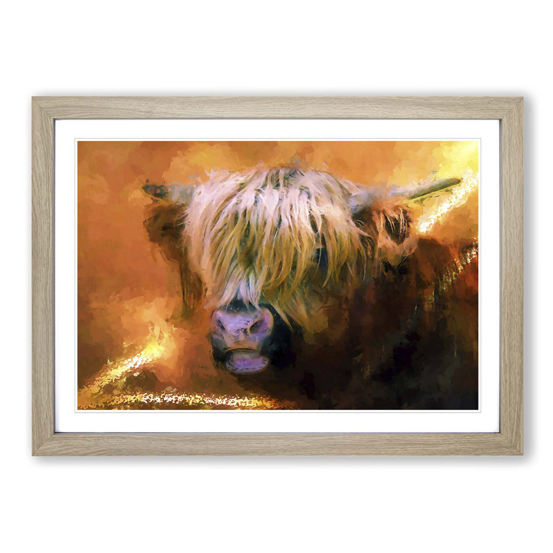 Portrait of a Highland Cow in Abstract - Framed Print, 50cm H x 76cm W x 2cm D, Oak