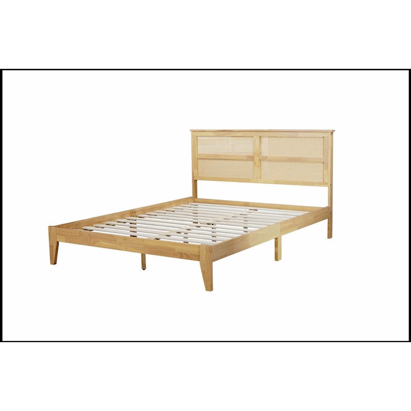 Lit en caoutchouc et bois avec tête de lit en rotin et pieds de soutien améliorés pour plus de durabilité et de rangement