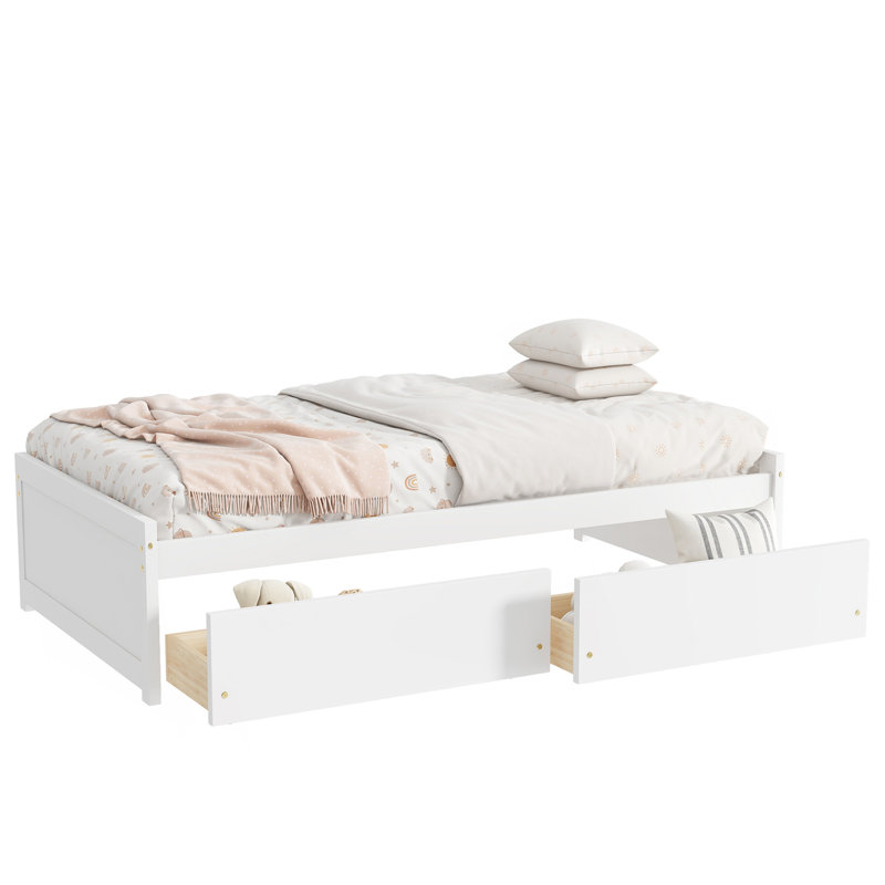 Lit simple avec 2 tiroirs, lit en bois d'hévéa massif, blanc, White