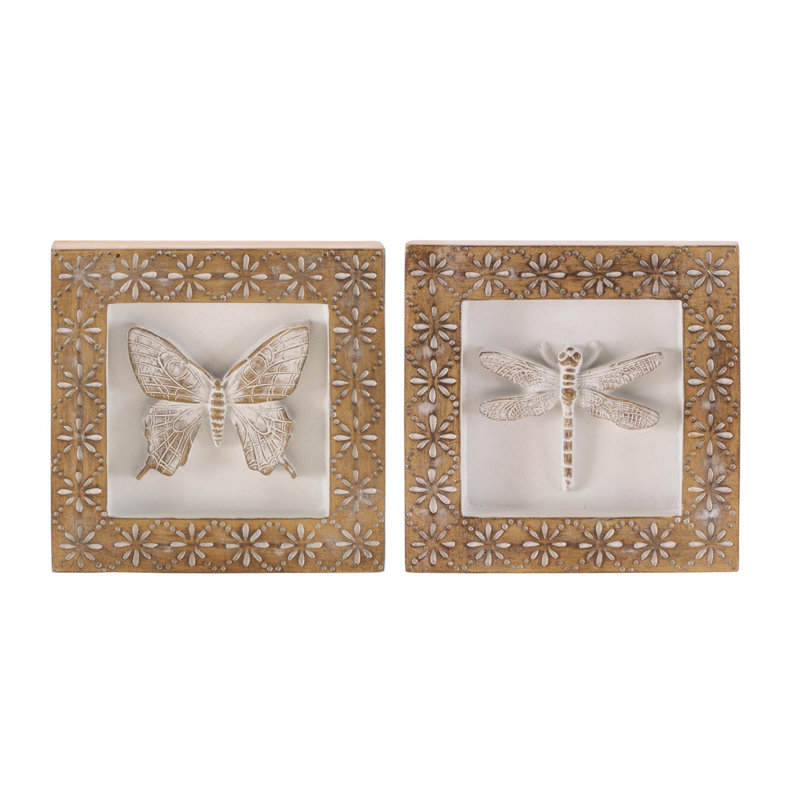 Ensemble de 2 plaques murales sculptées papillon et libellule