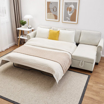CloudHaven 106.5" L-Shaped Pull Out Sofa Bed, 4-Seater Modular Sectional Sleeper Couch with Wireless & USB Charging, Memory Foam Mattress & Storage Chaise, Flannelette Fabric for Living Room