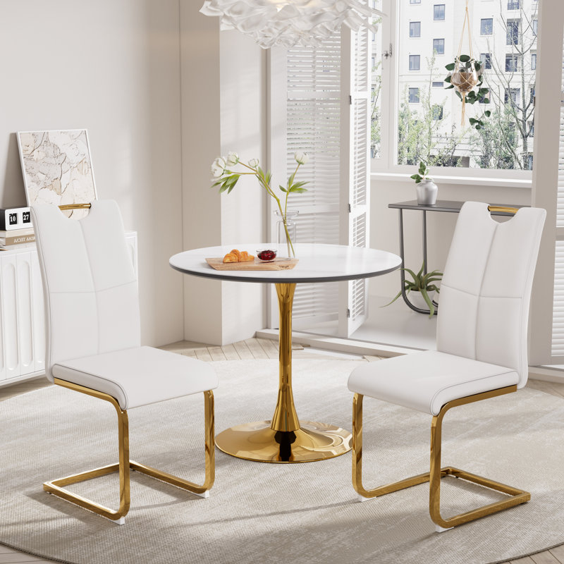 Ensemble de table à manger élégant en MDF 3 pièces pour 2 personnes, Blanc / Doré