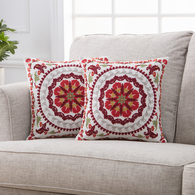 Red and White Embroidered Cotton Polyester Euro Pillow Covers