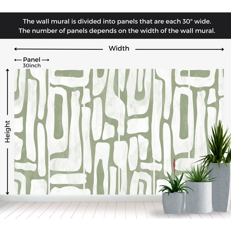 Murale abstraite pelez et collez Lamek - formes terreuses vert sauge, L 108 po x l 180 po